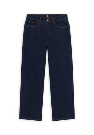 Mørkeblå denim jeans med lige pasform, fem lommer og kontrasterende orange syninger. Livremmen har en metalknap og lynlås.