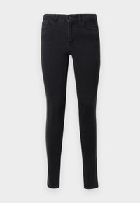 Vaqueros skinny negros de denim con una textura suave. Presenta bolsillos delanteros y costuras decorativas a lo largo de las costuras laterales.