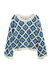 Pull en crochet avec un motif en losanges bleu et noir sur fond crème, design court et manches larges.