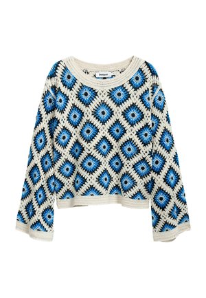 Häkelpullover mit Diamantmuster in Blau und Schwarz auf cremefarbenem Hintergrund, verkürzter Schnitt und weiten Ärmeln.