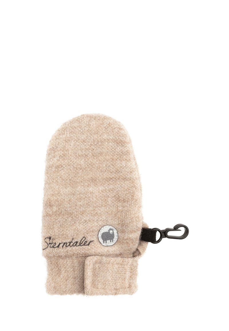 Beige Wollhandschuh mit weicher Textur, abgerundetem Oberteil und einem schwarzen Clip. Verfügt über ein graues kreisförmiges Logo und einen gestickten Markennamen in dunklem Faden.