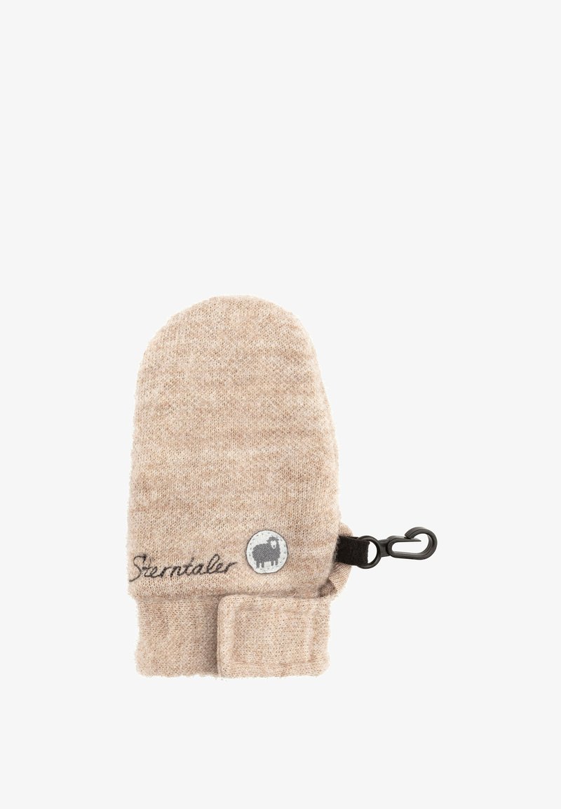 Beige Wollhandschuh mit weicher Textur, abgerundetem Oberteil und einem schwarzen Clip. Verfügt über ein graues kreisförmiges Logo und einen gestickten Markennamen in dunklem Faden.