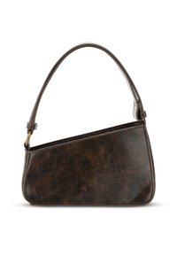 Borsa a tracolla in pelle marrone con forma triangolare, manico singolo, superficie testurizzata e design elegante e minimalista.