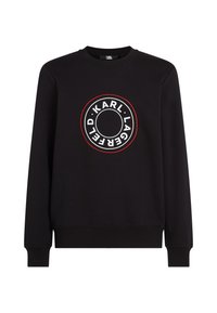 Felpa nera con logo rotondo che presenta "KARL LAGERFELD" in bianco e rosso, colletto tondo classico, polsini e orlo a costine, realizzata in tessuto morbido.