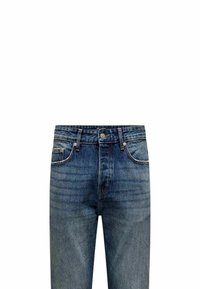 Jeans in denim blu scuro con taglio dritto, design a cinque tasche e dettagli di leggera scoloritura. Accenti cuciti e hardware in metallo.