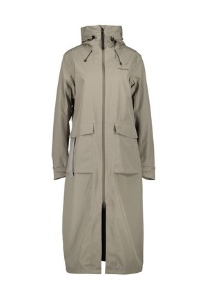 Long beige waterproof coat with hood, adjustable drawstrings, front zipper, flap pockets, and wrist straps.
