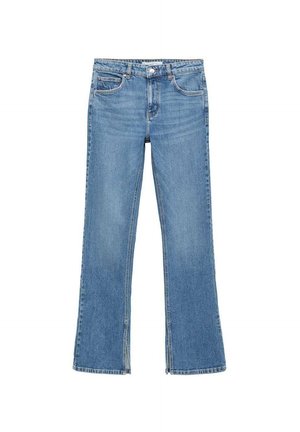 Light blue denim flared jeans with a mid-rise waist, five pockets, and subtle fading. The legs widen towards the bottom. No embellishments.