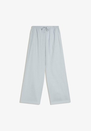 Pantalon large gris clair avec taille élastique et lien ajustable, avec poches latérales, présenté à plat sur fond blanc.