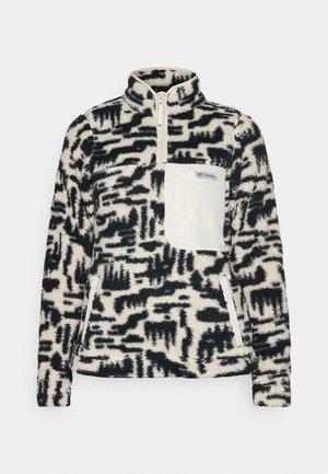 Pullover in pile con colletto alto, caratterizzato da un motivo astratto in nero e crema, tasca sul petto con zip e tasche laterali.