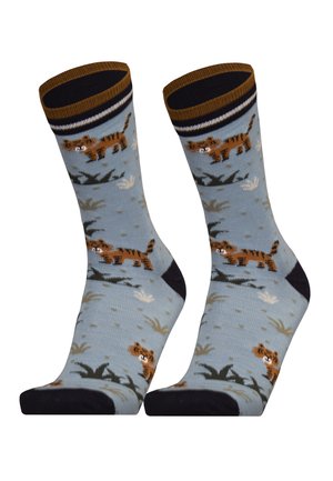 Cotton blend socks with a light blue background featuring playful tiger patterns. Brown striped cuff and black toe detail, soft texture.
