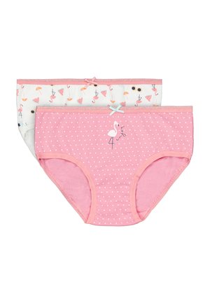 Ropa interior breve para dos niñas, una rosa con lunares blancos y un gráfico de flamenco, la otra blanca con estampados de flamencos y gafas de sol.