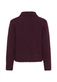 Maglione a maniche lunghe a maglia testurizzata di colore viola scuro con colletto alto, mostrato da dietro su uno sfondo bianco.