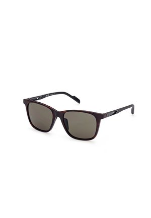 Gafas de sol de carey marrón con lentes gris oscuro. Diseño de montura cuadrada con delgadas varillas negras que presentan un logo sutil.