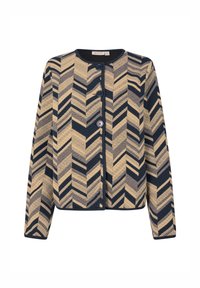 Cardigan a fantasia con motivo a zigzag in navy e crema, con scollatura tonda, maniche lunghe e tre grandi bottoni blu sul davanti.