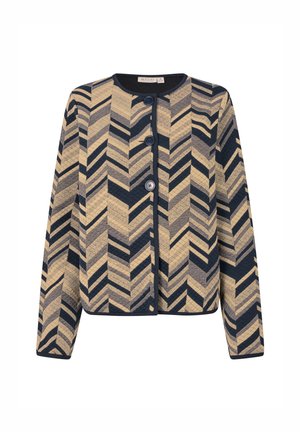 Cardigan a fantasia con motivo a zigzag in navy e crema, con scollatura tonda, maniche lunghe e tre grandi bottoni blu sul davanti.