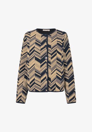 Mønstret cardigan med et chevron-design i marineblå og creme, med rund halsudskæring, lange ærmer og tre store blå knapper foran.