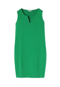 Green sleeveless dress made of smooth fabric, featuring a V-neckline and side slits near the hem for ease of movement.
