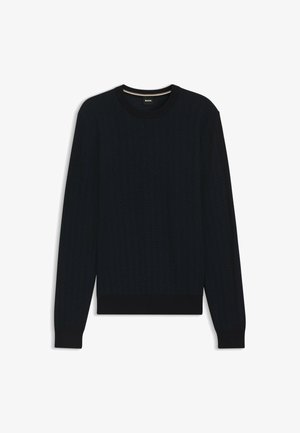 Dark knitted sweater featuring a herringbone pattern, round neckline, and ribbed cuffs and hem. Material has a soft texture. Brand label shown.