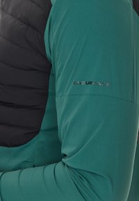 Giacca verde con una sezione imbottita nera. Il materiale appare liscio con una leggera lucentezza, e "ENDURANCE" è impresso sulla manica.