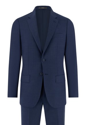 Laivastonsininen miesten puku takki ja siihen sopivat housut, yksirivinen kahdella napilla, lovikaulukset ja taskuklapit.