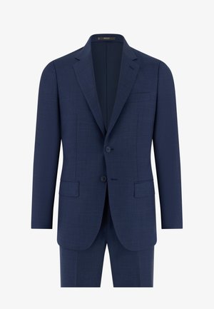 Laivastonsininen miesten puku takki ja siihen sopivat housut, yksirivinen kahdella napilla, lovikaulukset ja taskuklapit.