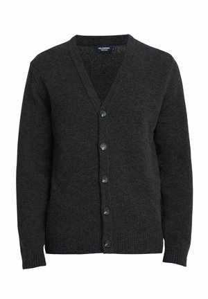 Sötét szürke kardigán, puha anyagból készült, V-kivágással, elöl hat fekete gombbal, valamint bordázott mandzsettákkal és aljjal.