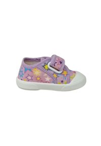 Scarpa in tessuto viola con motivi a stella in rosa, giallo e blu. Presenta una suola in gomma bianca e una cinghia regolabile per una vestibilità sicura.