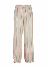 Lichte, gestreepte broeken met verticale lijnen in beige, roze en grijs. Inclusief een elastische zoom en knoopsluiting.
