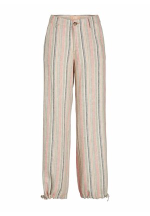 Pantaloni leggeri a righe con linee verticali in beige, rosa e grigio. Presentano un fondo elastico e chiusura con bottone.