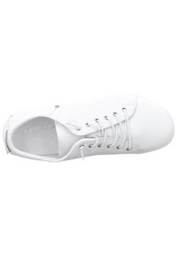 White leather low-top sneaker with round toe, lace-up design, silver eyelets, and textured inner lining. Smooth surface with no additional patterns.
