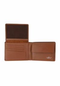 Portefeuille bifold en cuir marron avec des emplacements pour cartes à gauche, une poche à monnaie avec rabat à droite et une section visible de fenêtre d'identification brun foncé.