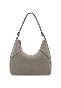 Lichtgrijze suède handtas met een gebogen silhouet, voorzien van zwarte hardware en een schouderband. Zachte textuur met scherpe lijnen aan de bovenkant.