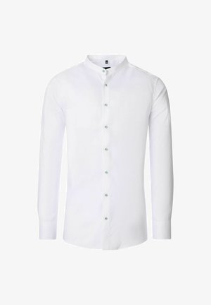 Hvid herreskjorte med lange ærmer og mandarin-krave samt grønne knapper ned langs fronten, præsenteret på en ensfarvet baggrund.