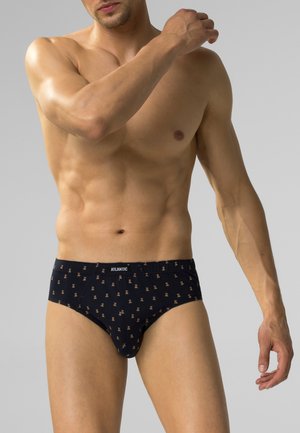 Czarne majtki w wzory z wygodnym pasem; mają subtelne złote akcenty oraz gładki, elastyczny materiał.