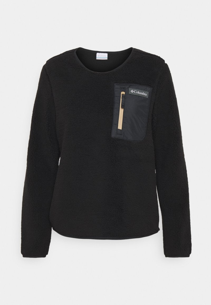 Pull-over en polaire noire à manches longues, col rond, avec une poche poitrine zippée dotée d'une fermeture éclair beige et du logo Columbia.