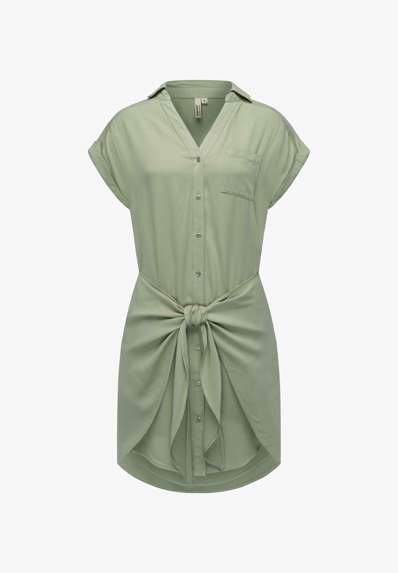 Rochie cambrată, de culoare verde deschis, cu mâneci scurte, guler, nasturi pe față, un buzunar pe piept și un detaliu cu nod la talie.