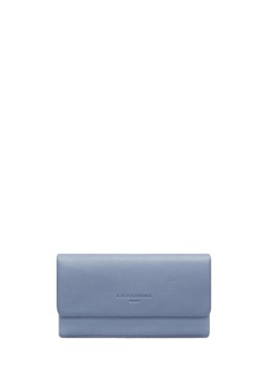 Rectangular light blue leather wallet with a flap closure and small embossed brand name centered on the front.