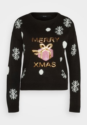 Black sweater with white snowflake and polka dot patterns, featuring "MERRY XMAS" in gold and a pink gift graphic with a bow.