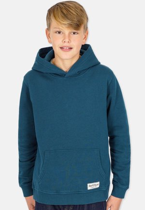 Teal Kapuzenpullover aus weichem Material mit Kängurutasche, gerippten Bündchen und einer Kapuze mit Kordelzug. Logo-Tag am Saum.