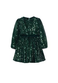 Abito verde con paillettes, maniche lunghe, scollatura rotonda e una vita in velluto, caratterizzato da una gonna ampia e una chiusura con zip sul retro.