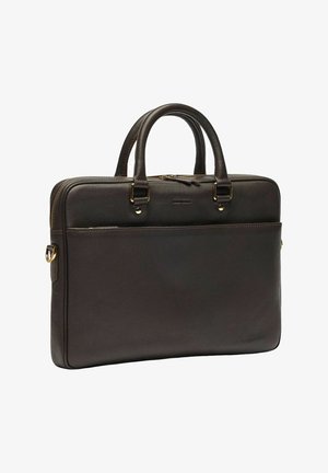 Läderportfölj i mörkbrun med två ovandelshandtag. Har dragkedjestängning, en frontficka och detaljer i guldton. Slät textur.