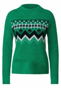Pull long à manches longues vert avec un tricot texturé et un motif géométrique noir, blanc et vert foncé sur la poitrine et les bras supérieurs.