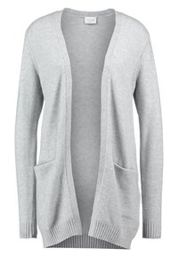 Ljusgrå cardigan med V-ringning, öppen framsidan, två framfickor, ribbade ärmslut och en mjuk, stickad textur.