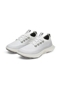 Weiße Sportschuhe mit einem atmungsaktiven Strickobermaterial, hellgrauen Akzenten und elastischen Schnürsenkeln. Verfügt über eine gepolsterte, strukturierte Sohle für besseren Halt.