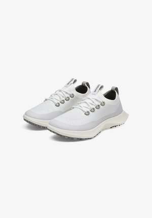White athletic shoes with a breathable knit upper, light gray accents, and elastic laces. Features a cushioned, textured sole for traction.