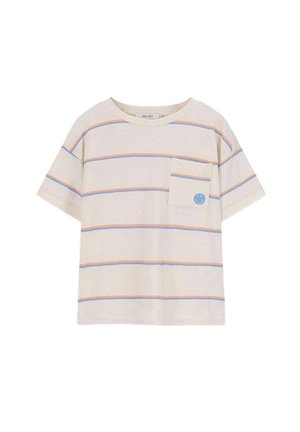 T-shirt à manches courtes rayé en beige clair avec des rayures horizontales bleues et orange. Il dispose d'une poche avant avec un motif de smiley bleu.