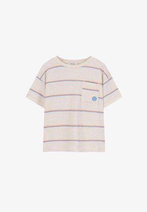 Gestreiftes kurzärmliges T-Shirt in hellem Beige mit blauen und orangefarbenen horizontalen Streifen. Verfügt über eine Brusttasche mit einem blauen Smiley-Gesicht-Graphic.
