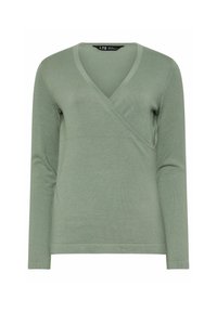 Grüner Pullover mit langen Ärmeln, V-Ausschnitt und Wickeldesign. Hergestellt aus einem weichen Stoff, verfügt er über eine subtile Textur und einen entspannten Schnitt.