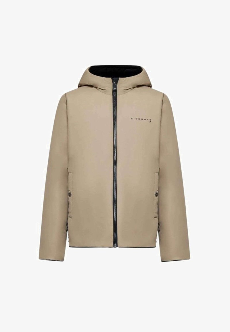 Veste à capuche beige avec fermeture éclair noire, deux poches latérales avec boutons et logo "Richmond" sur la poitrine gauche.