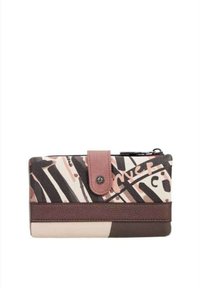 Portafoglio a fantasia zebra caratterizzato da una combinazione di colori crema, rosa e marrone, con una tracolla in pelle e chiusura a scatto. Include un compartimento con zip.